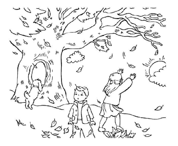 Розмальовки  Діти з собачкою під деревом. Завантажити розмальовку осінь, листопад, діти.  Роздрукувати ,Осінній листопад,