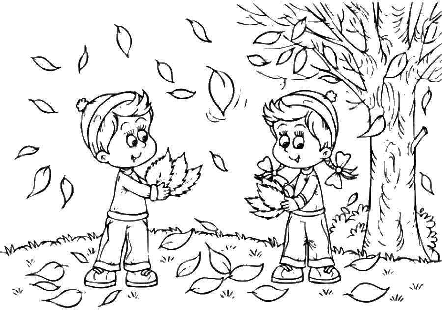 Розмальовки  Діти збирають листочки. Завантажити розмальовку осінь, листя, діти.  Роздрукувати ,Осінь,
