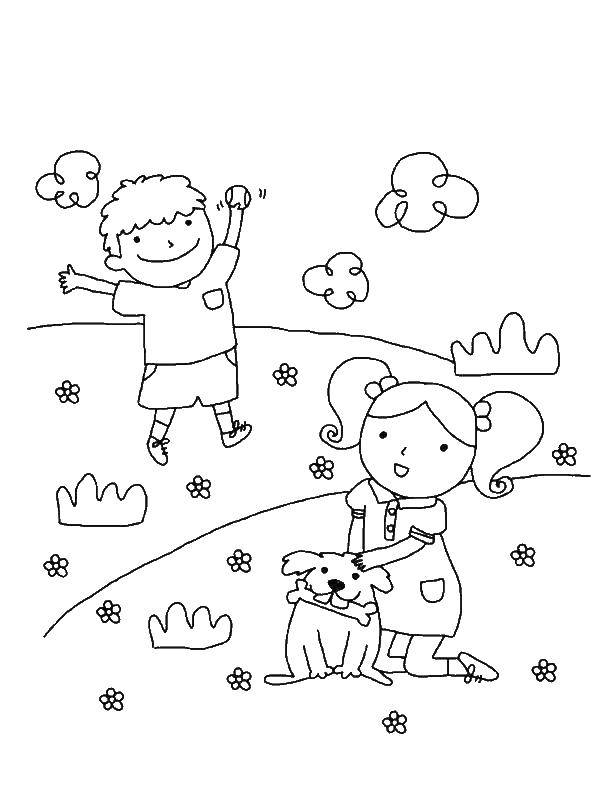 Розмальовки  Дітки грають з собакою. Завантажити розмальовку діти, собаки.  Роздрукувати ,Діти грають,