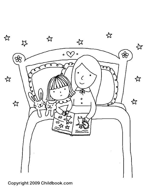 Розмальовки  Мама читає доньці казку. Завантажити розмальовку діти, батьки, сон.  Роздрукувати ,діти,