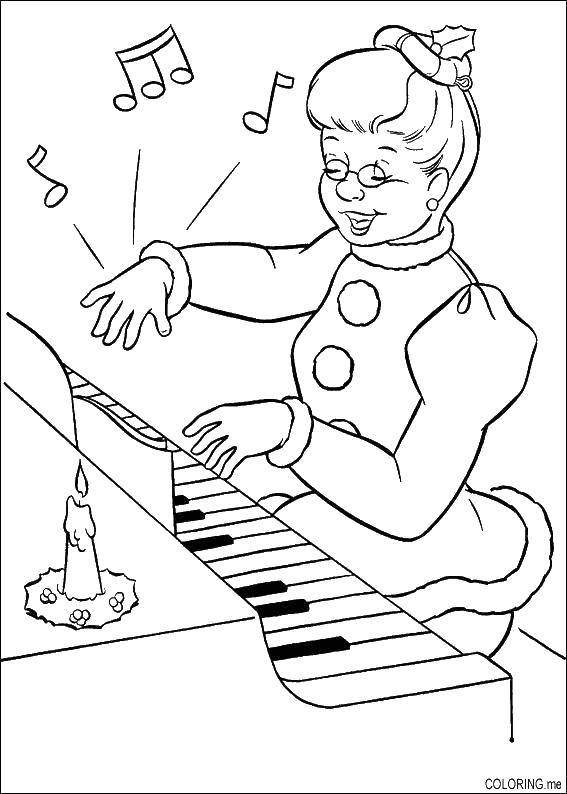 Розмальовки  Жінка грає на піаніно. Завантажити розмальовку музика, ноти, музичні інструменти, піаніно.  Роздрукувати ,Піаніно,