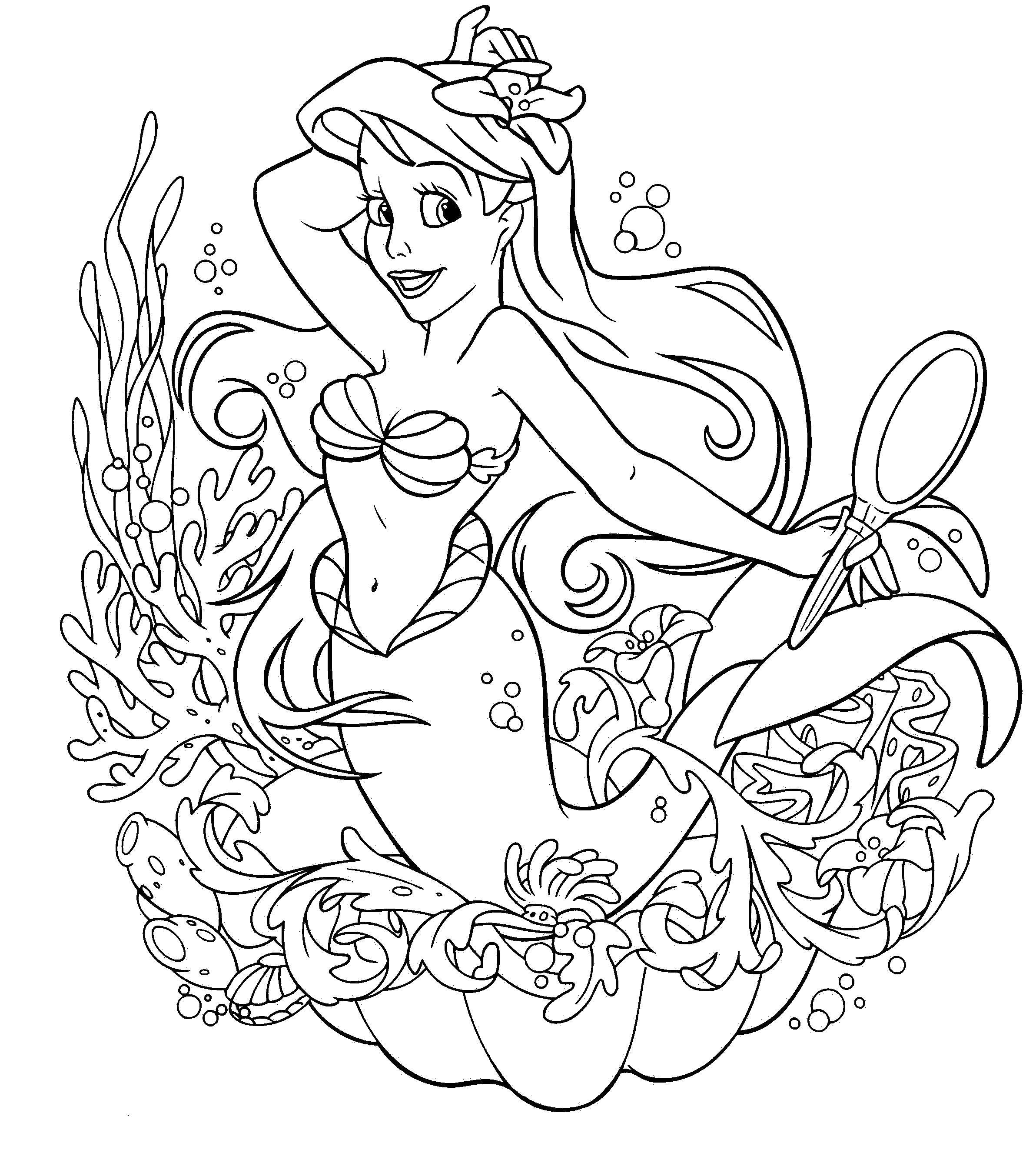 Coloring Ariel with mirror. Category The little mermaid. Tags:  The little mermaid, Disney, Ariel, mirror.