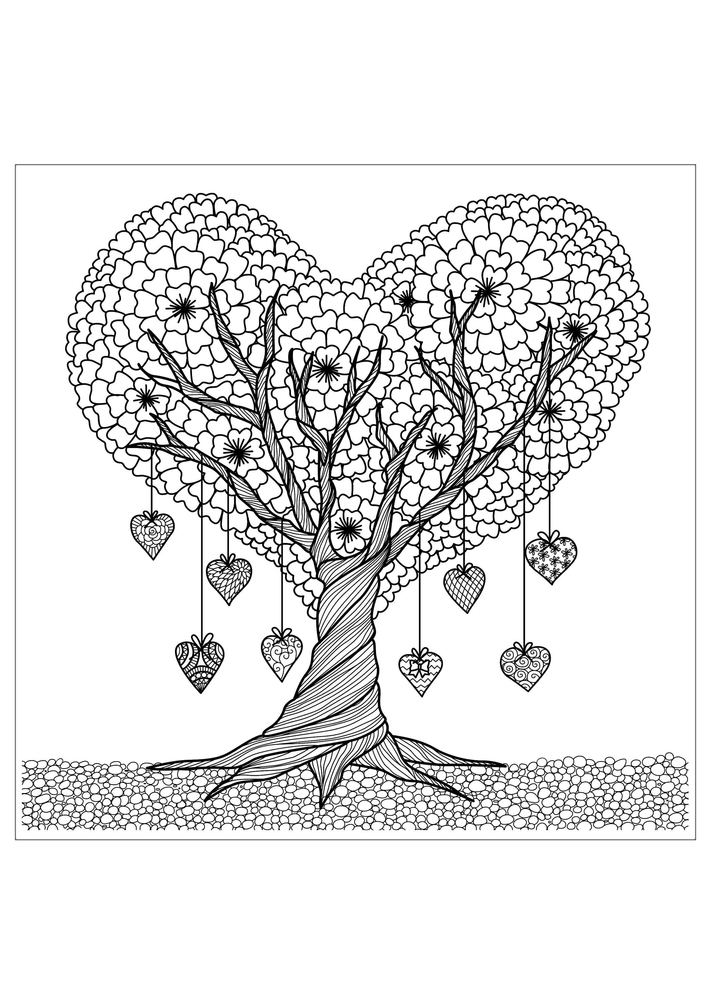 Название: Раскраска Дерево сердечко. Категория: Сложный дизайн. Теги: Антистресс, сердечки.