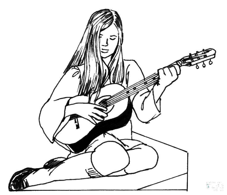 Название: Раскраска Девушка играет на гитаре. Категория: гитара. Теги: девушка, музыкальные инструменты, гитара.