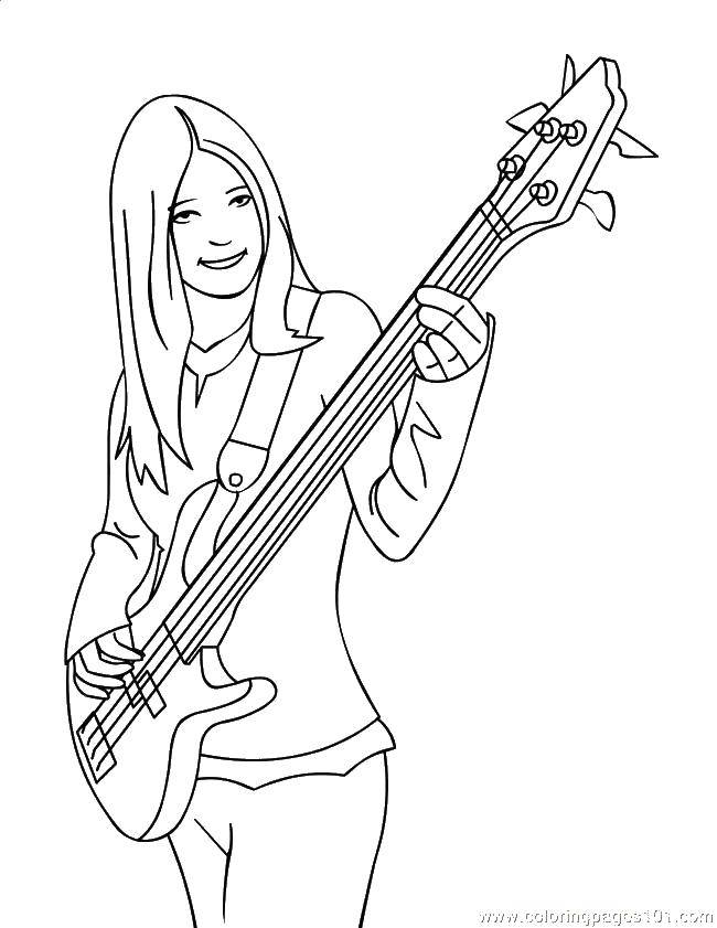 Название: Раскраска Девушка играет на гитаре. Категория: гитара. Теги: музыка, музыкальный инструмент, гитара.