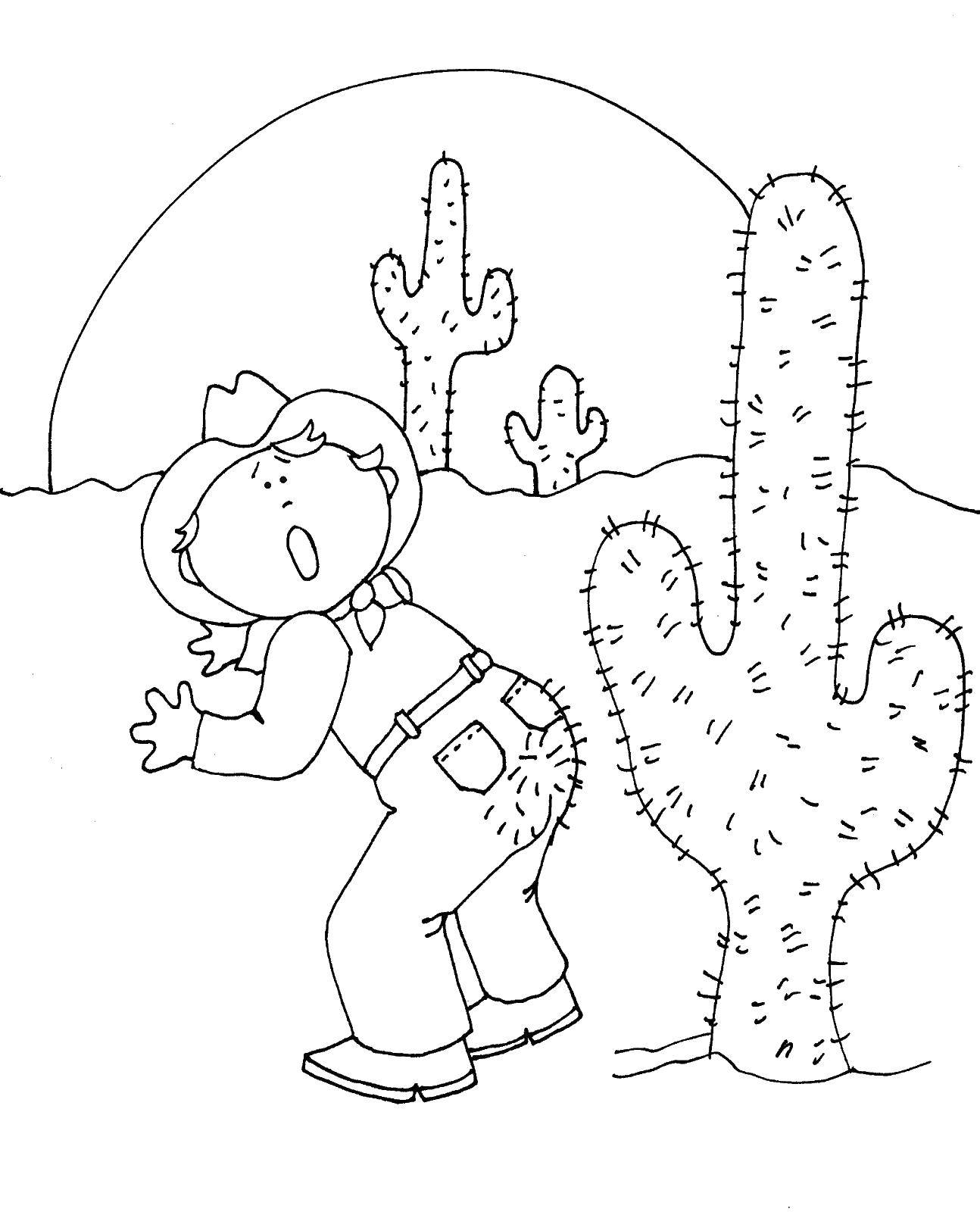 Название: Раскраска Кавбой и кактус. Категория: Кактус. Теги: кактусы, кабвой, пустыня.