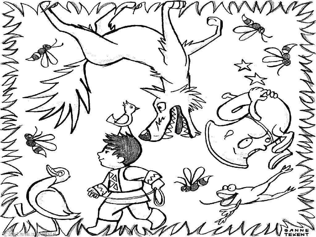 Название: Раскраска Мальчик и разные звери инасекомые. Категория: Животные. Теги: животные, звери, мальчик.