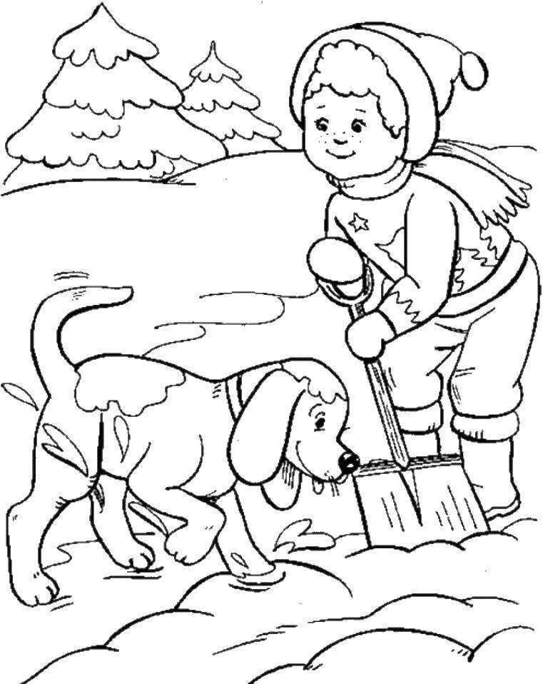 Название: Раскраска Мальчик с собакой убирают снег. Категория: зима. Теги: зима, снег, собака.