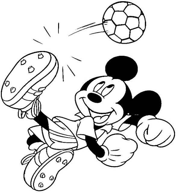Название: Раскраска Микки пинает мяч. Категория: Футбол. Теги: футбол, Микки Маус, спорт, мяч.