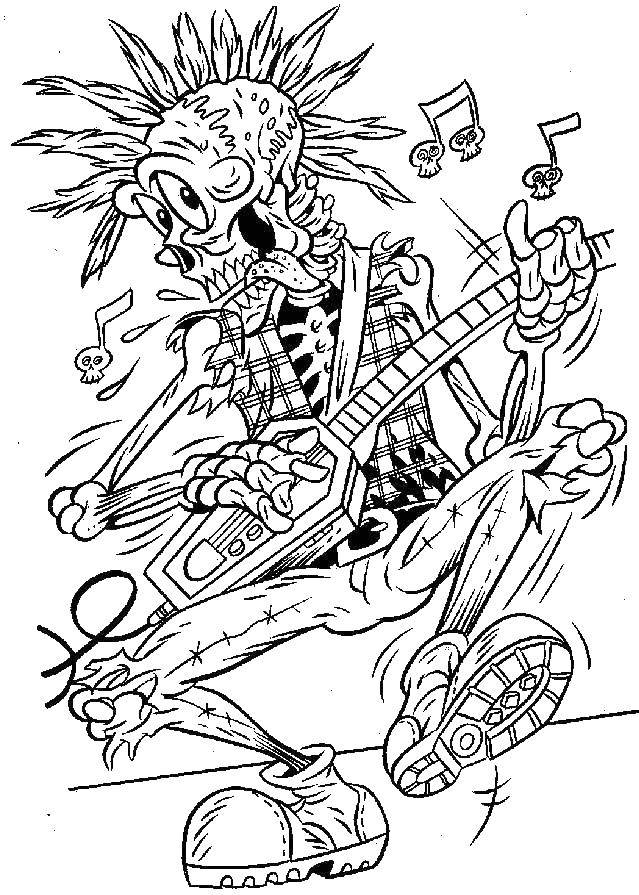 Название: Раскраска Скелет с гитарой. Категория: Электрогитара. Теги: электрогитара, скелет, гитара.