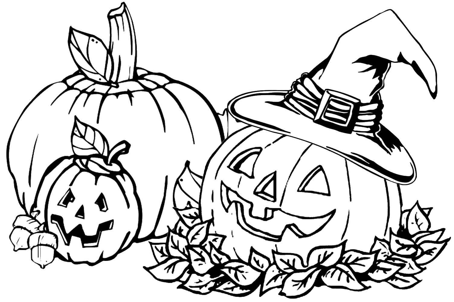 Название: Раскраска Тыквы на хэллоуин в листьях. Категория: Осенний листопад. Теги: Осень, листья.