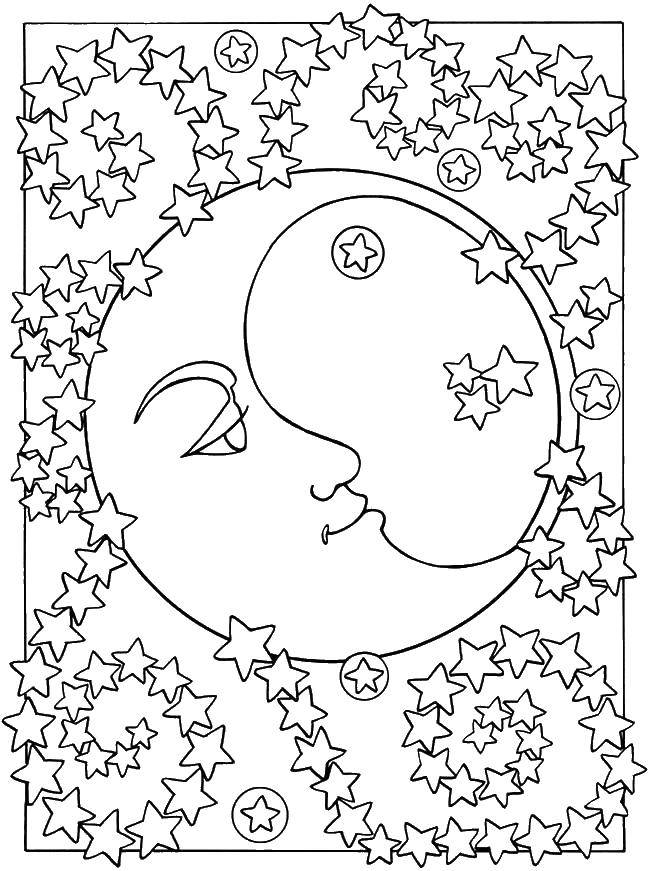 Coloring Stars surrounded the month. Category With patterns. Tags:  Patterns, geometric.