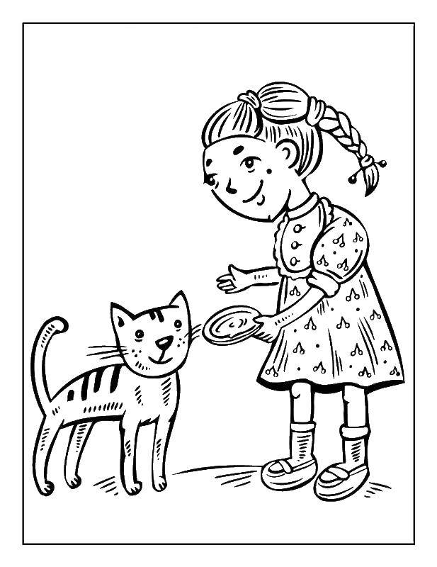 Розмальовки  Дівчинка годує кішечку. Завантажити розмальовку дівчинка, кішка, тварини.  Роздрукувати ,Дівчинка,