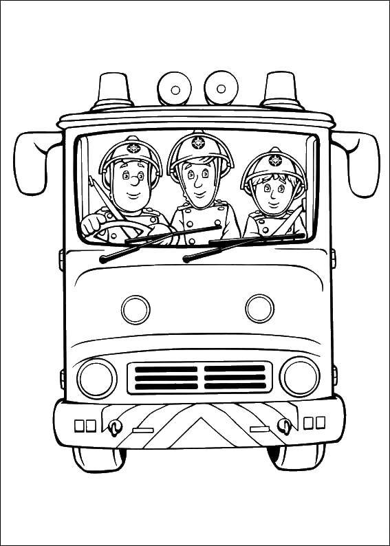 Розмальовки  Три пожежника. Завантажити розмальовку Транспорт, машина.  Роздрукувати ,пожежна машина,