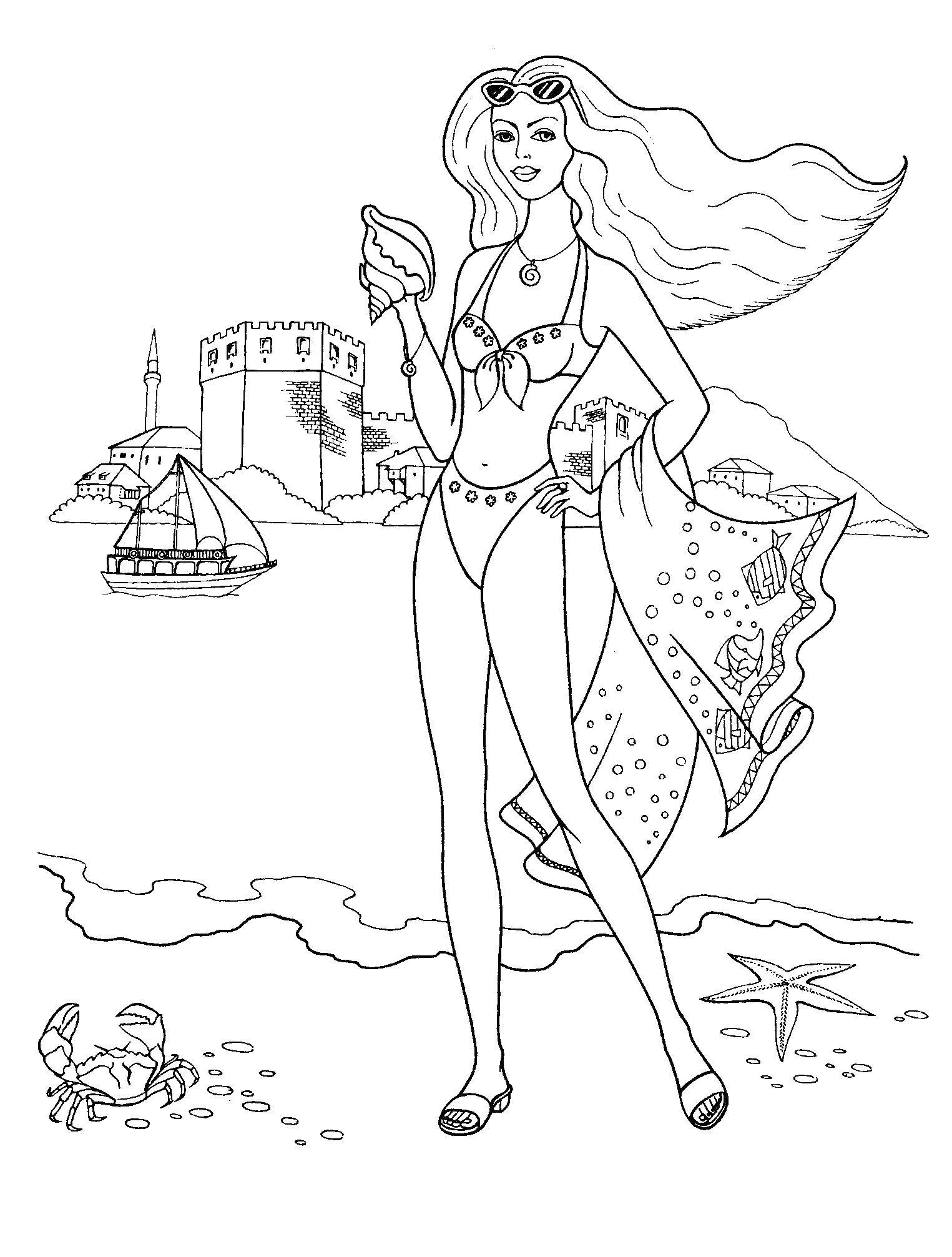 Название: Раскраска Красивая девушка на пляже. Категория: Пляж. Теги: пляж, девушка, море, барби.