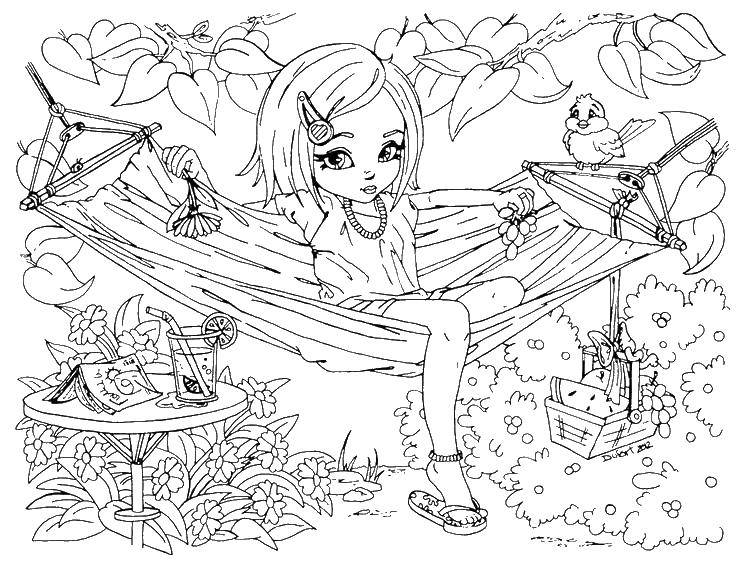 Название: Раскраска Отдых в саду на гамаке. Категория: отдых. Теги: Отдых, дети, сад.