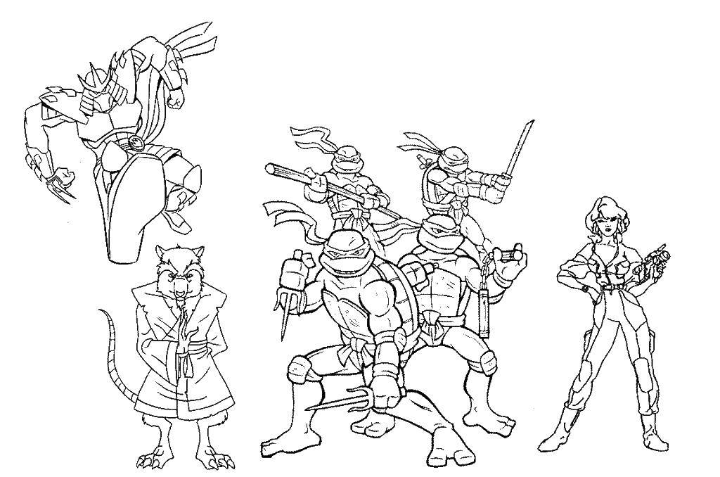 Название: Раскраска Персонажи комиксов о черепашках ниндзя. Категория: ниндзя. Теги: Комиксы, Черепашки Ниндзя.