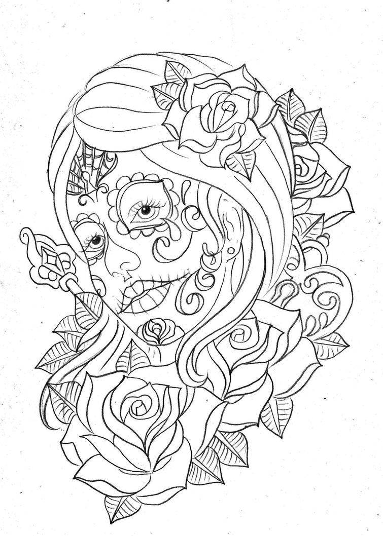 Coloring The rose in her hair. Category Skull. Tags:  Skull, patterns.