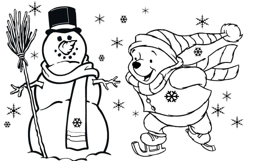 Название: Раскраска Винни пух у снеговичка. Категория: Персонаж из мультфильма. Теги: Снеговик, снег, зима.
