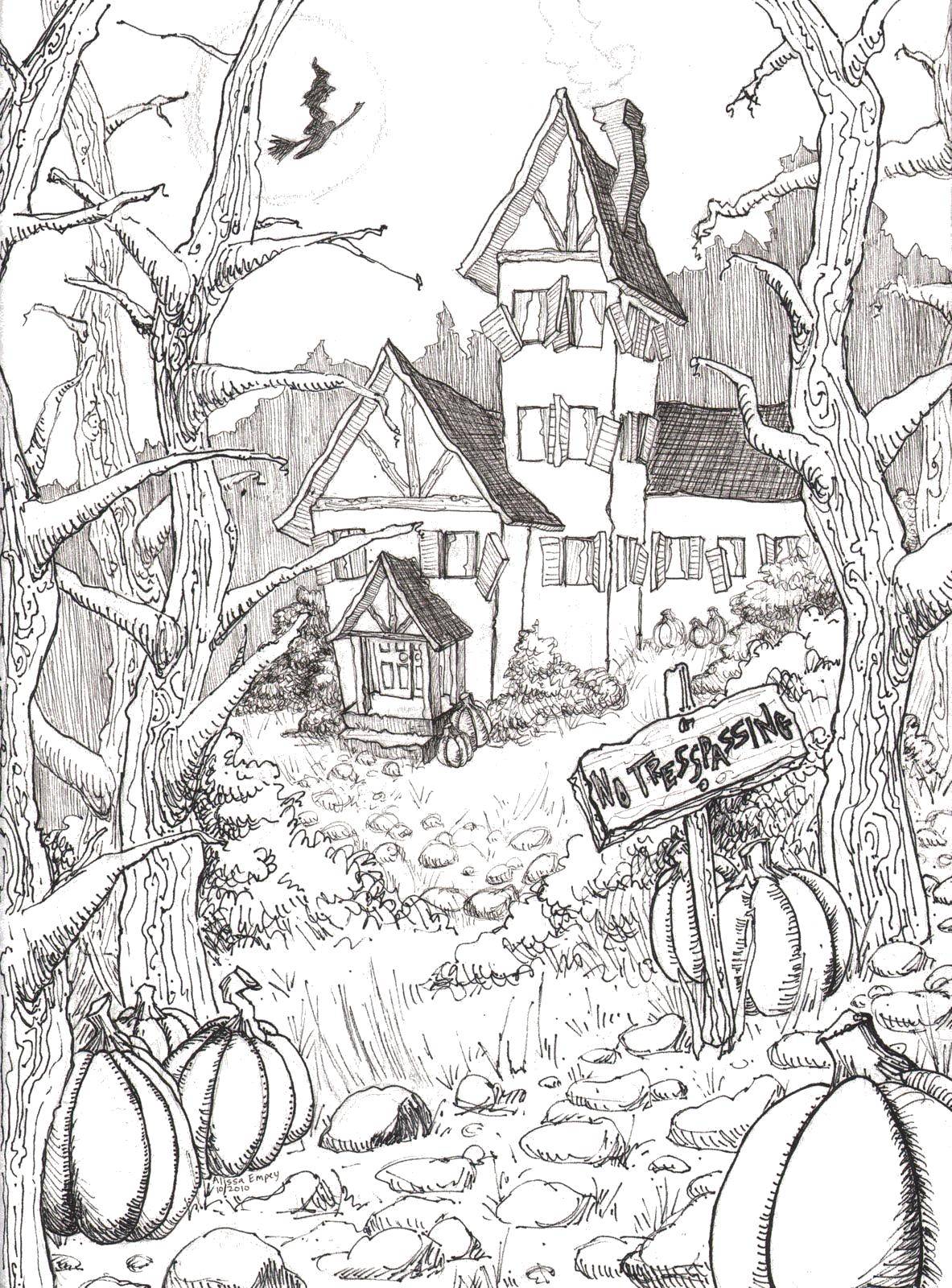 Coloring Abandoned house with ghosts. Category Halloween. Tags:  Halloween, pumpkin.