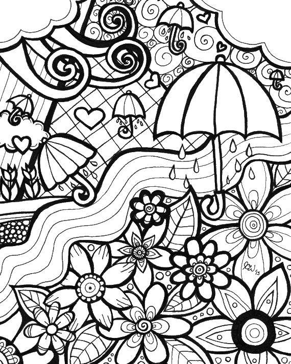 Coloring Umbrellas and flowers. Category rain. Tags:  rain, flowers.
