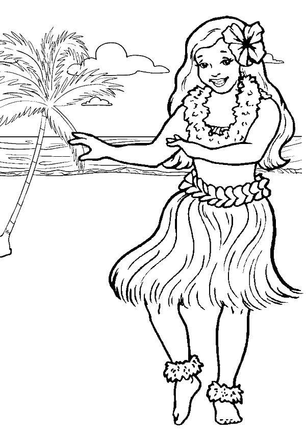 Розмальовки  Дівчина на гаваях. Завантажити розмальовку пляж, Гаваї, танці, дівчина.  Роздрукувати ,Пляж,