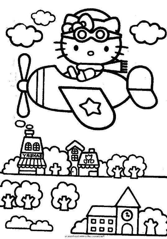 Розмальовки  Хеллоу кітті на літаку. Завантажити розмальовку хеллоу кітті, літак, містечко.  Роздрукувати ,Хеллоу Кітті,
