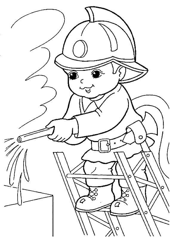 Розмальовки  Маленький пожежний гасить пожежу. Завантажити розмальовку професії, пожежний, пожежа.  Роздрукувати ,професії,