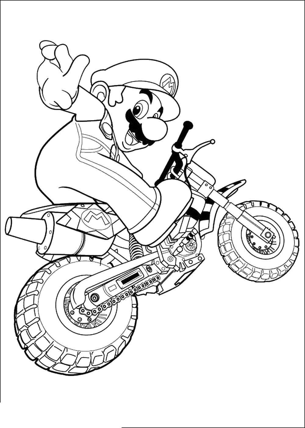 Розмальовки  Маріо на мотоциклі. Завантажити розмальовку ігри, Маріо, мотоцикл.  Роздрукувати ,маріо,