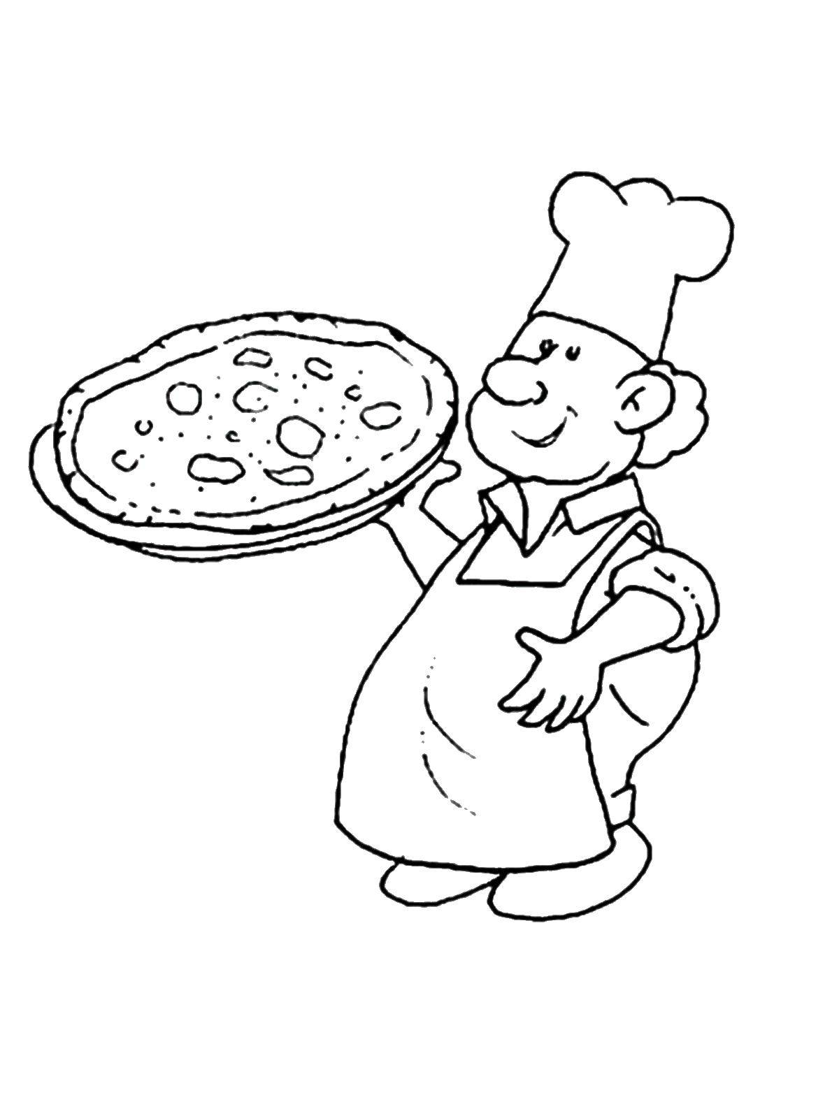 Розмальовки  Кухар приготував піцу. Завантажити розмальовку професії, кухар, піца.  Роздрукувати ,професії,