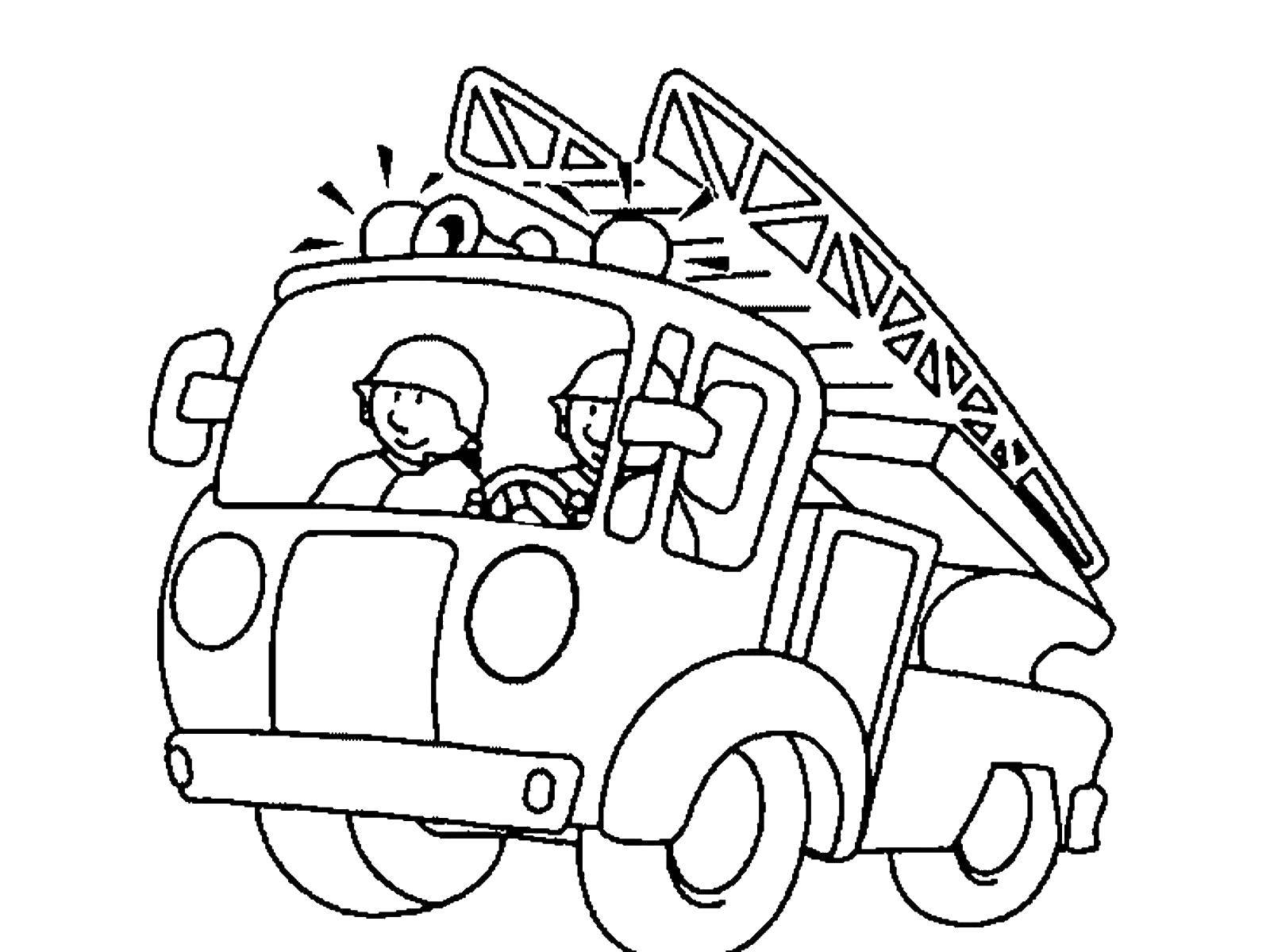 Розмальовки  Пожежники їдуть в пожежній машині. Завантажити розмальовку професії, пожежники, пожежна машина.  Роздрукувати ,професії,