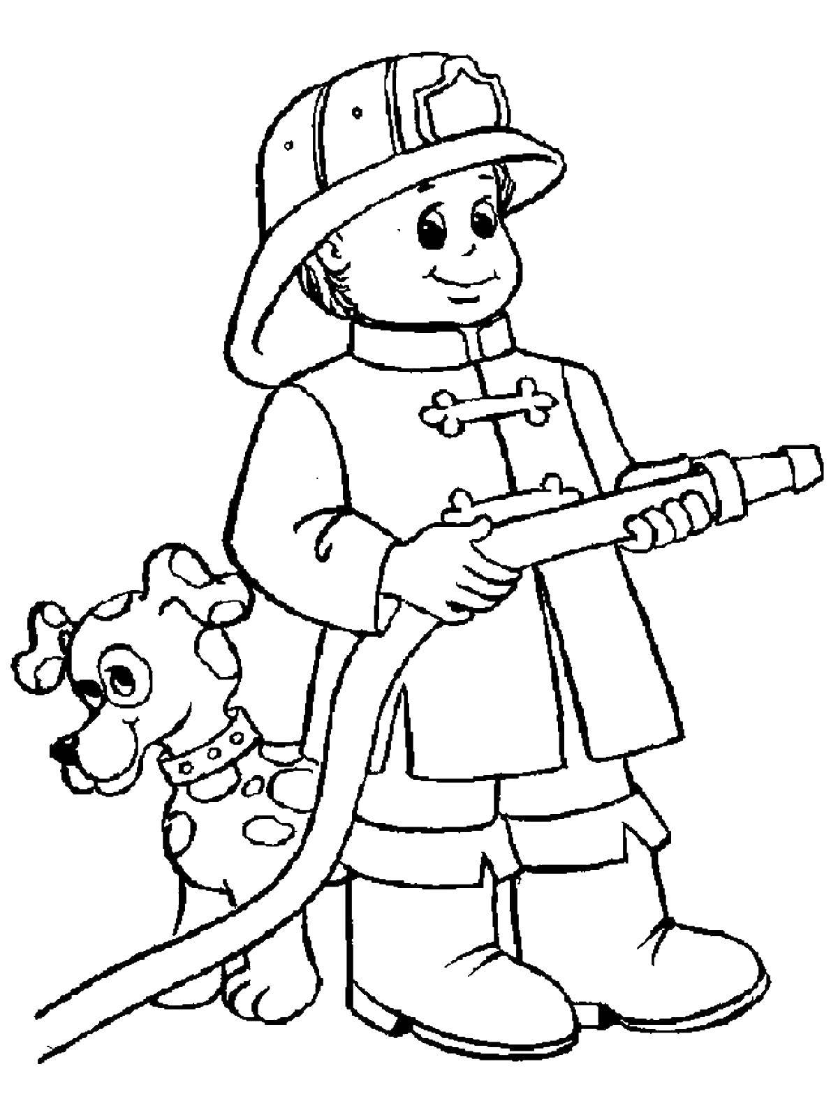 Розмальовки  Пожежник з собакою. Завантажити розмальовку професії, пожежний, собака.  Роздрукувати ,професії,