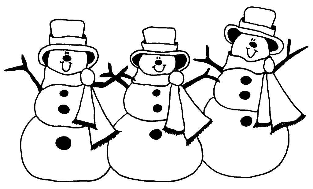 Название: Раскраска 3 снеговика. Категория: снеговик. Теги: зима, снеговики, снег.