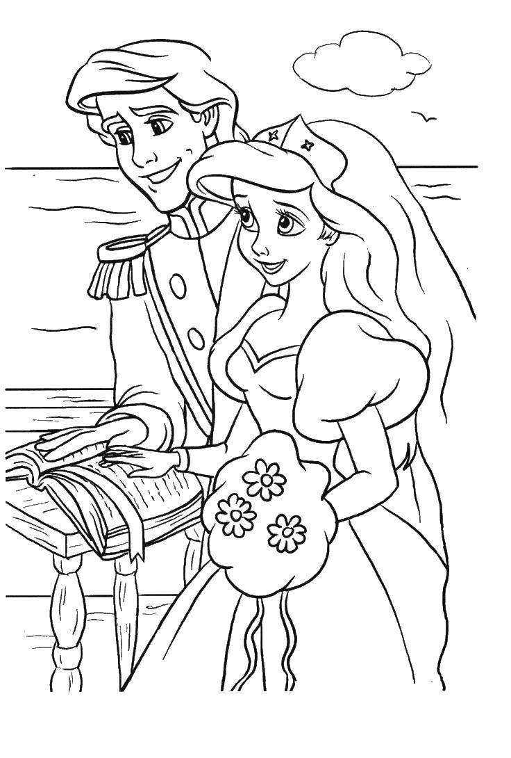 Coloring Ariel and Prince Eric. Category Disney cartoons. Tags:  Ariel, mermaid.