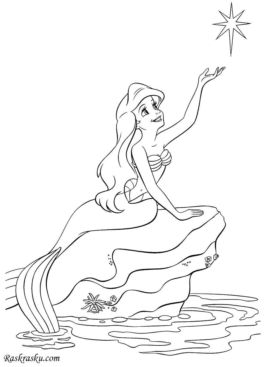 Coloring Ariel reaches for a star. Category Disney cartoons. Tags:  Disney, the little mermaid, Ariel.