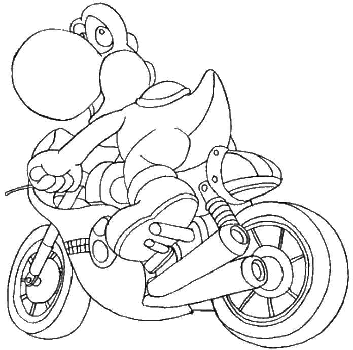 Название: Раскраска Дракончик из марио на мотоцикле. Категория: Персонаж из игры. Теги: игры, Марио, дракончик.