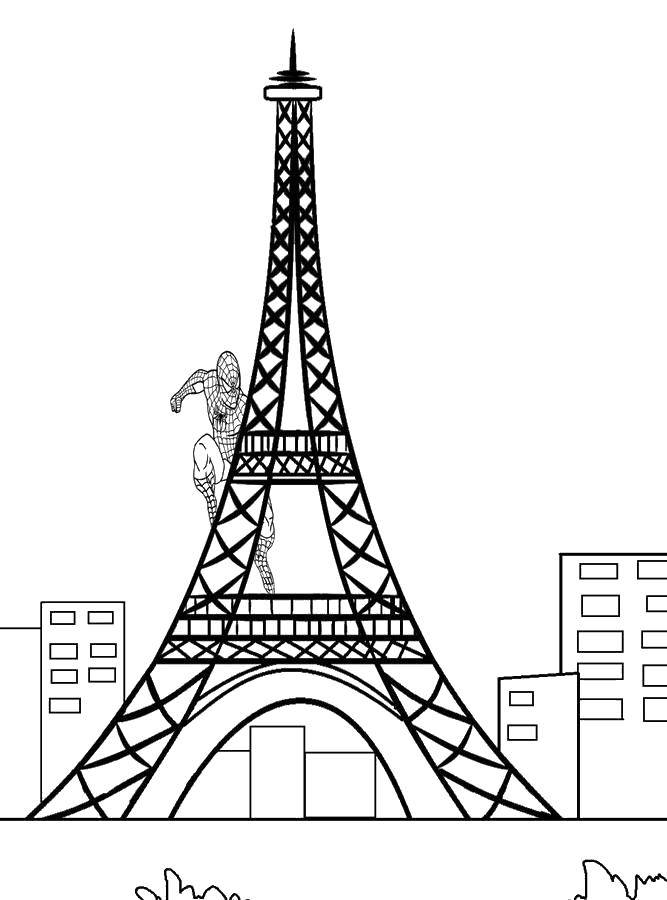 Название: Раскраска Эйфелева башня и спайдермен. Категория: раскраски. Теги: Франция, эйфелева башня, спайдермен.