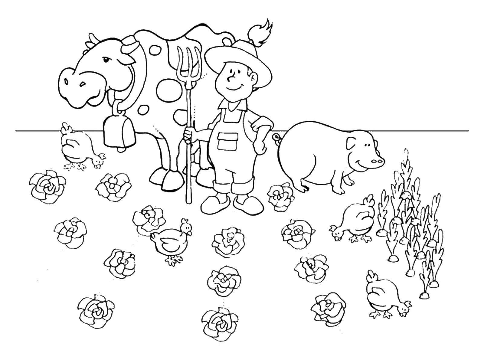 Coloring Farmer with animals. Category a profession. Tags:  profession, farmer, vegetable garden, animals.