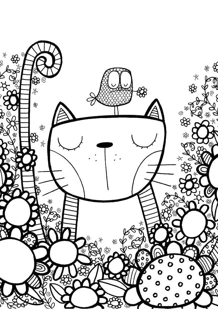 Coloring A cat with a bird. Category Fantasy. Tags:  fantasy, cat, bird, flowers.