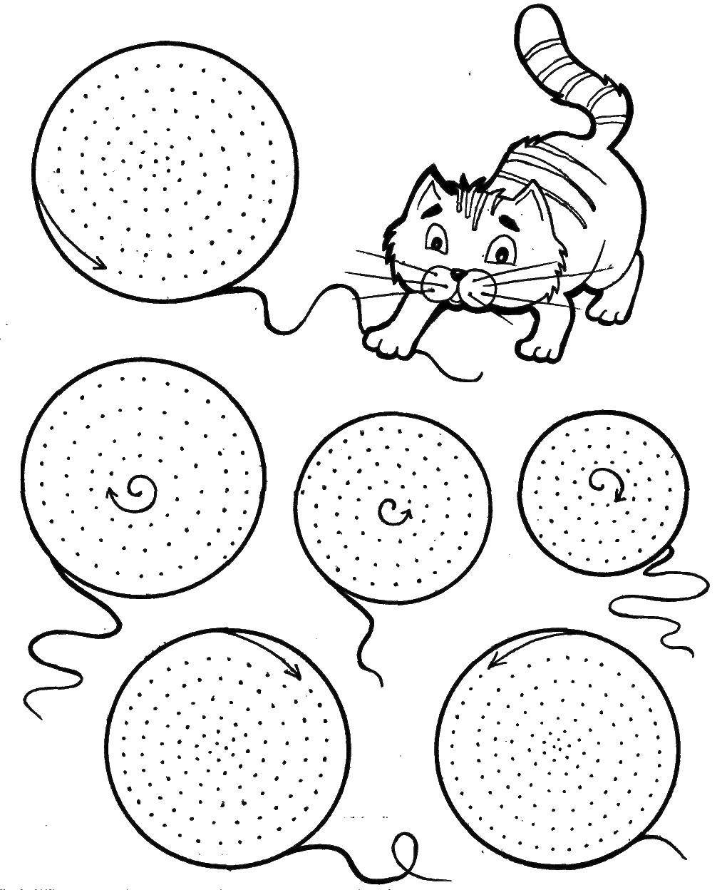 Название: Раскраска Кошка и шарики. Категория: штриховки для дошкольников. Теги: дорисуй, образец.