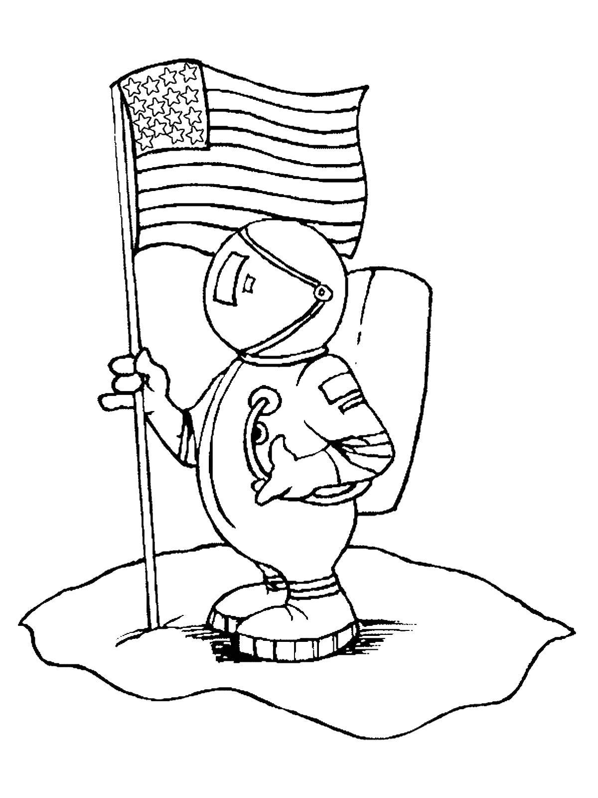 Coloring An astronaut on the moon with flag. Category a profession. Tags:  Profession.