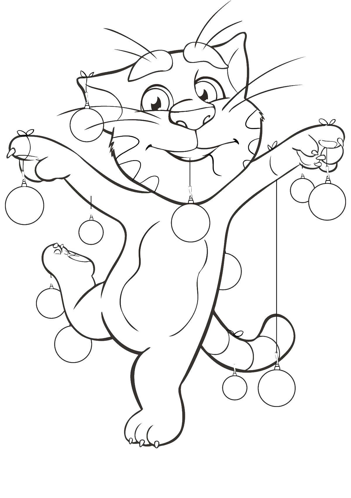 Название: Раскраска Кот в елочных шарах. Категория: раскраски. Теги: игры, кот, Том.