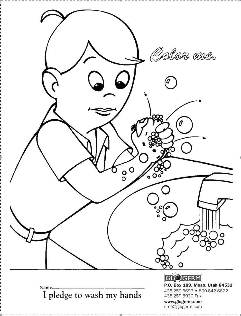 Название: Раскраска Мальчик моет руки. Категория: раскраски. Теги: микробы, бактерии, мытье рук.