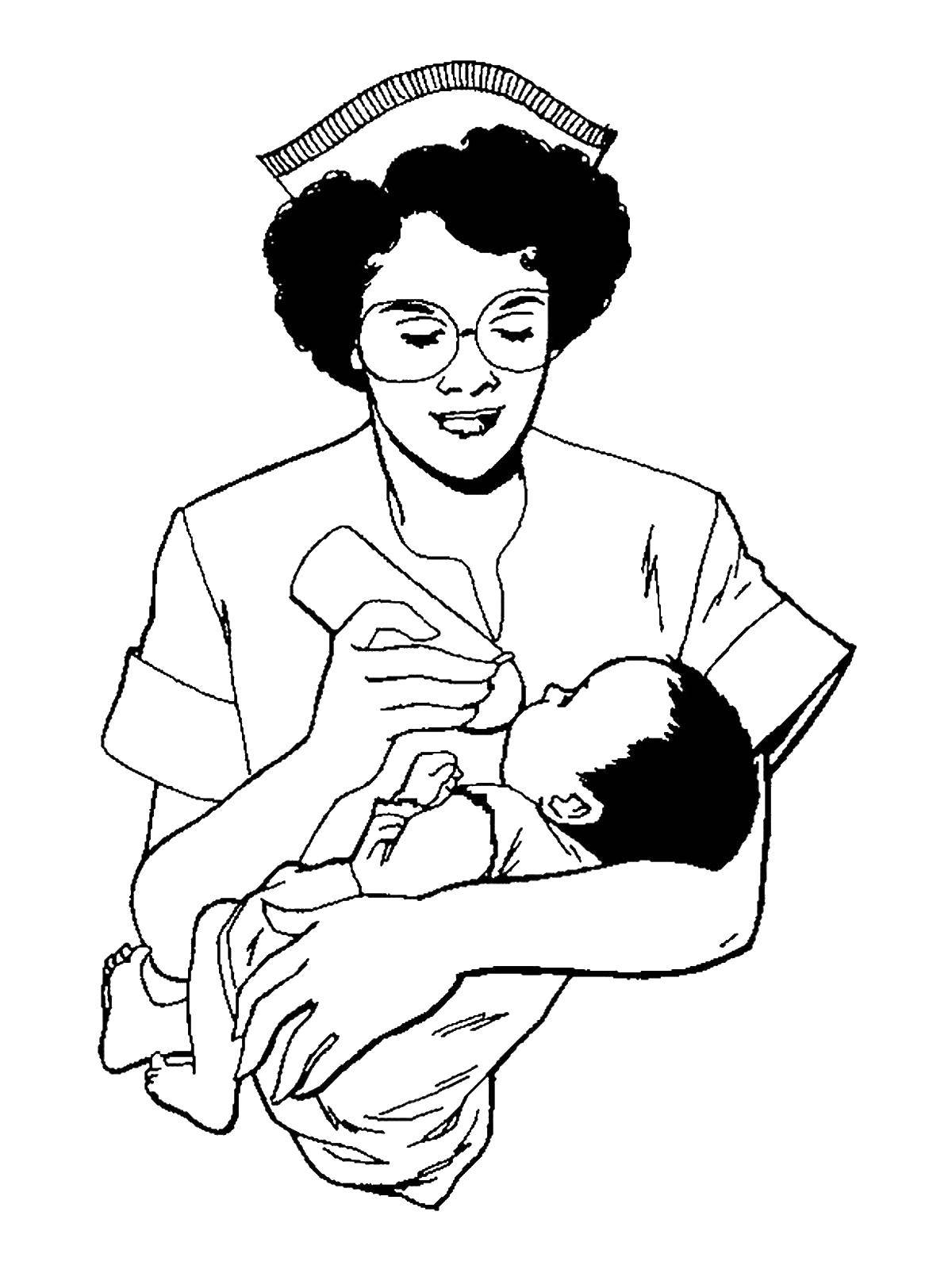 Название: Раскраска Медсестра с младенцем. Категория: профессии. Теги: профессии, медсестра, младенец.