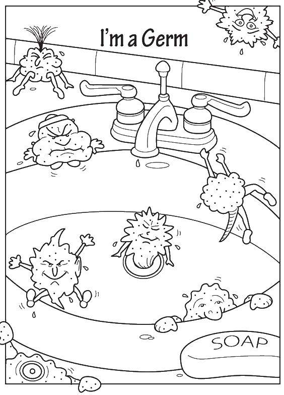 Название: Раскраска Микробы в раковине. Категория: раскраски. Теги: микробы, бактерии, раковина, мыло.