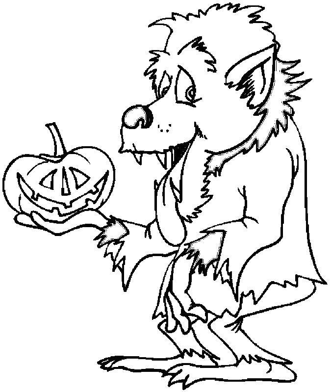 Coloring Werewolf with pumpkin. Category Halloween. Tags:  Halloween, werewolf, wolf, moon, night.