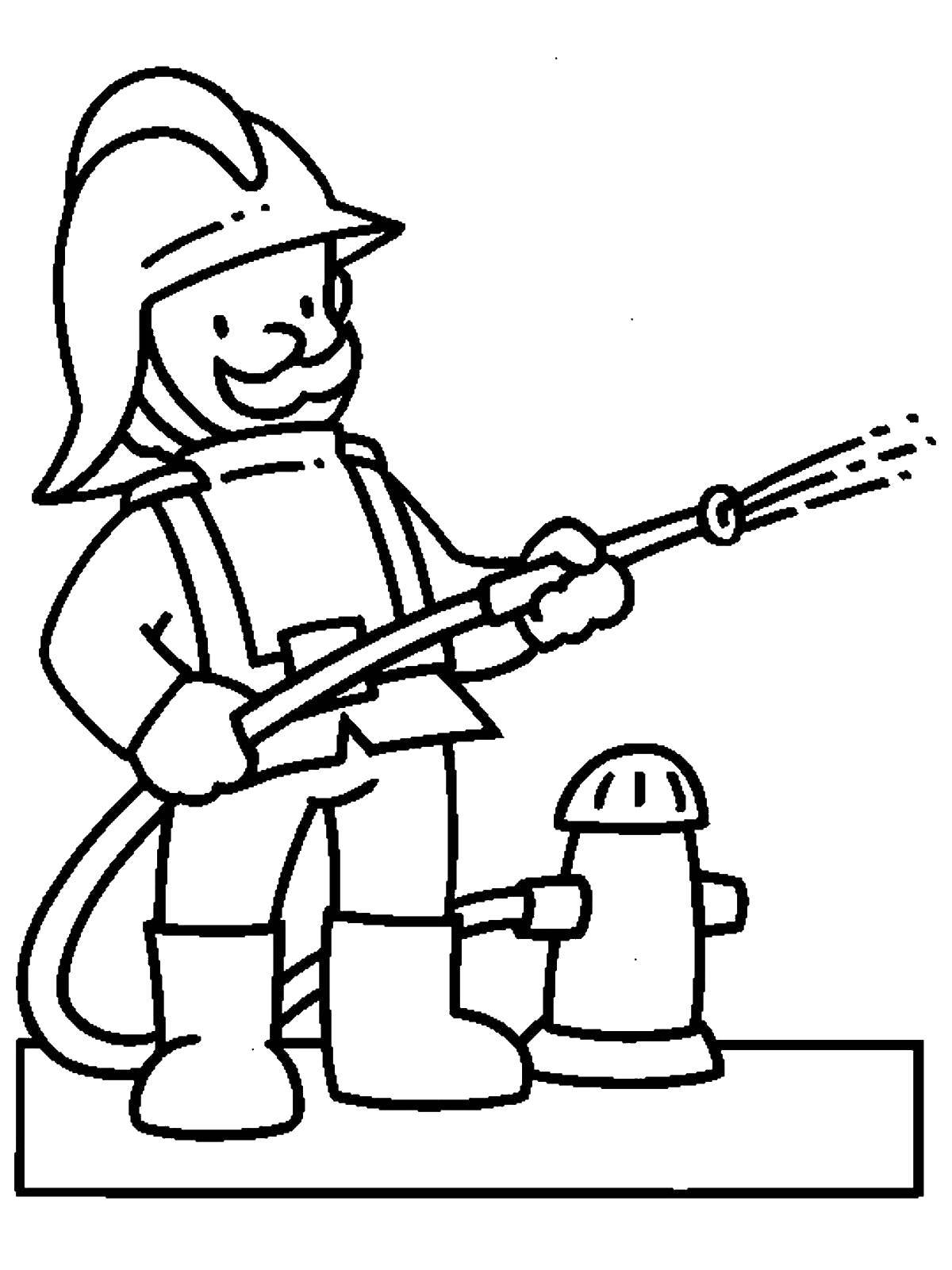 Coloring Firefighter with hose. Category a profession. Tags:  profession, firefighter, hose.
