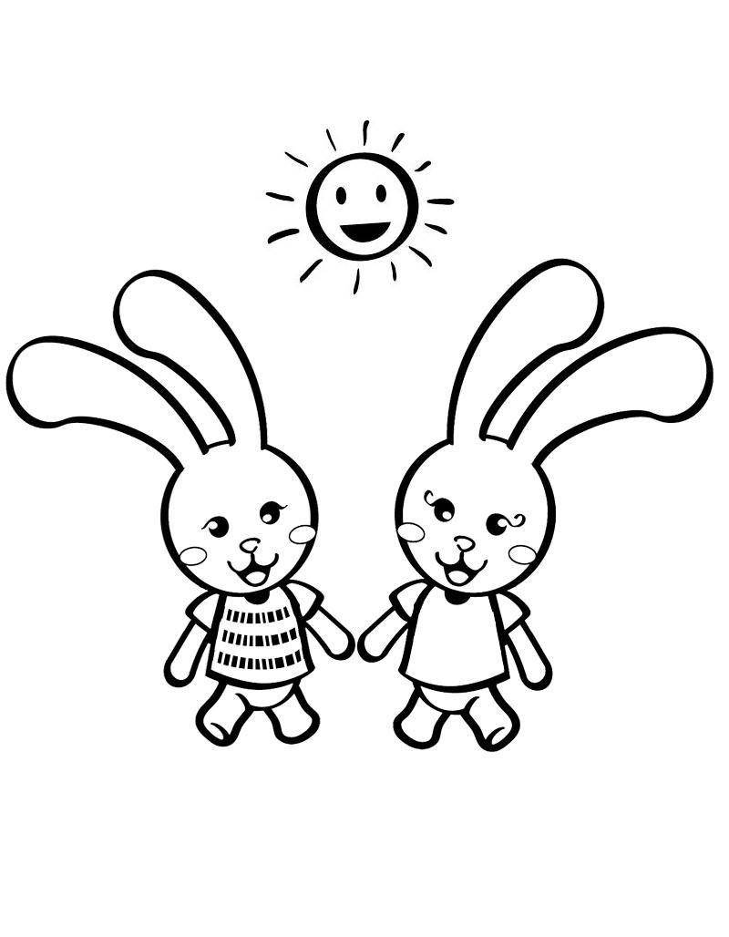 Название: Раскраска Рисунок двух веселых зайчиков. Категория: домашние животные. Теги: заяц, кролик.