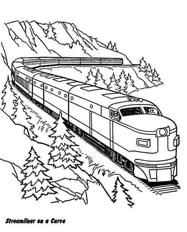 Название: Раскраска Современный поезд. Категория: поезд. Теги: поезда, рельсы, горы.