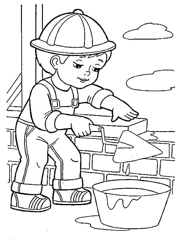 Coloring Builder lays bricks. Category a profession. Tags:  profession, Builder, brick.